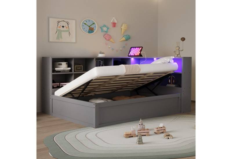 Merax Daybett mit LED und USB-Steckdose (Tagesbett Massivholz Kinderbett Jugendbett, 1 tlg), Schlafsofa 90x200cm mit hydraulischem Stauraum und Ablagefächern von Merax