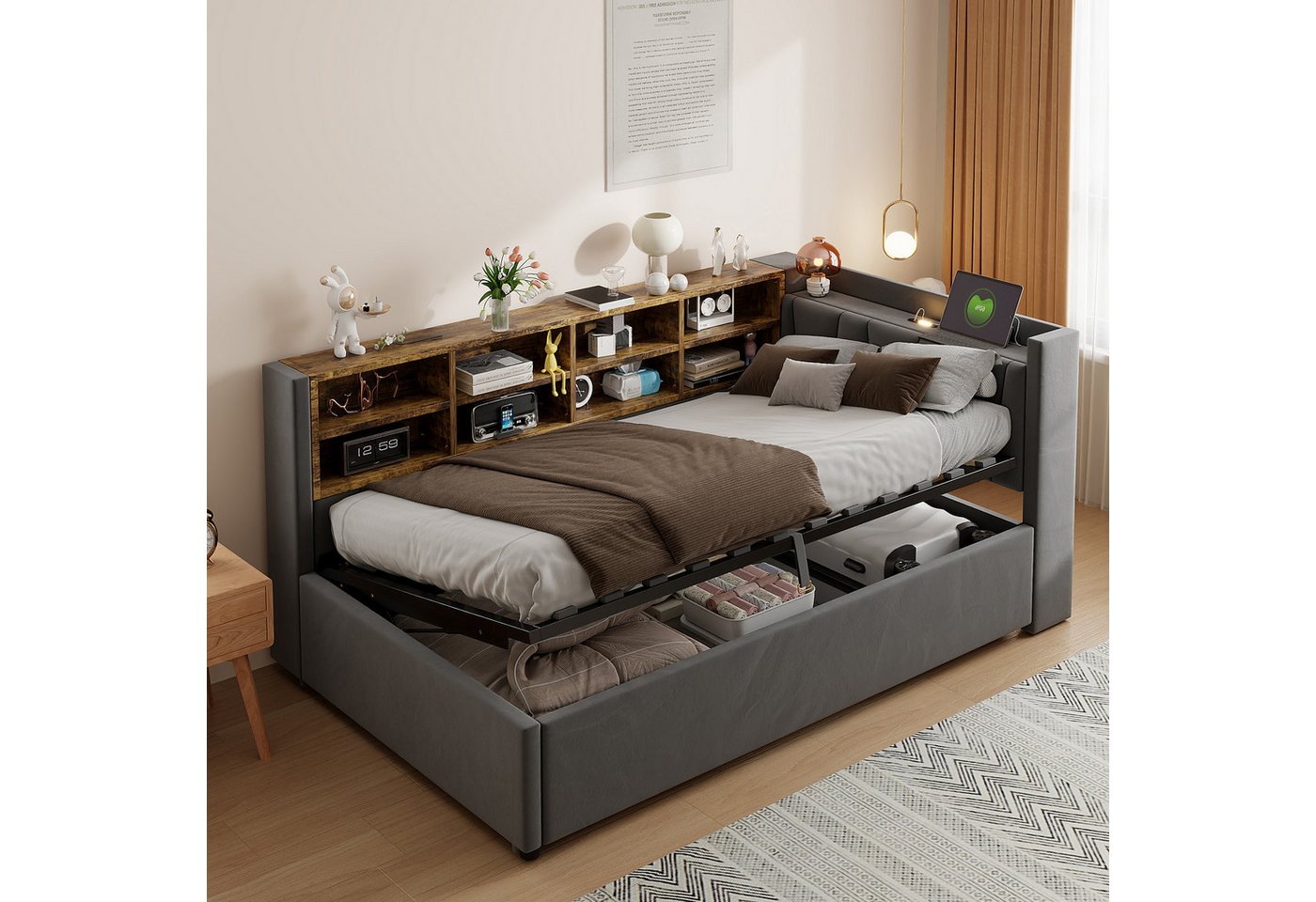 Merax Daybett mit Nachtlicht und Ladeanschluss (gepolstertes Kopfteil mit Regalen, 1 tlg), Schlafsofa 90x200cm mit hydraulischem Stauraum & Stauraumfächer von Merax