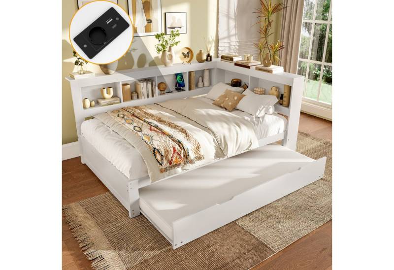 Merax Daybett mit Steckdose und 2 USB-Anschlüssen (Kiefer Sofabett Kinderbett Jugendbett, 1 tlg), Schlafsofa Tagesbett 90x200cm mit Ausziehbett 90x190cm & Staufächer von Merax