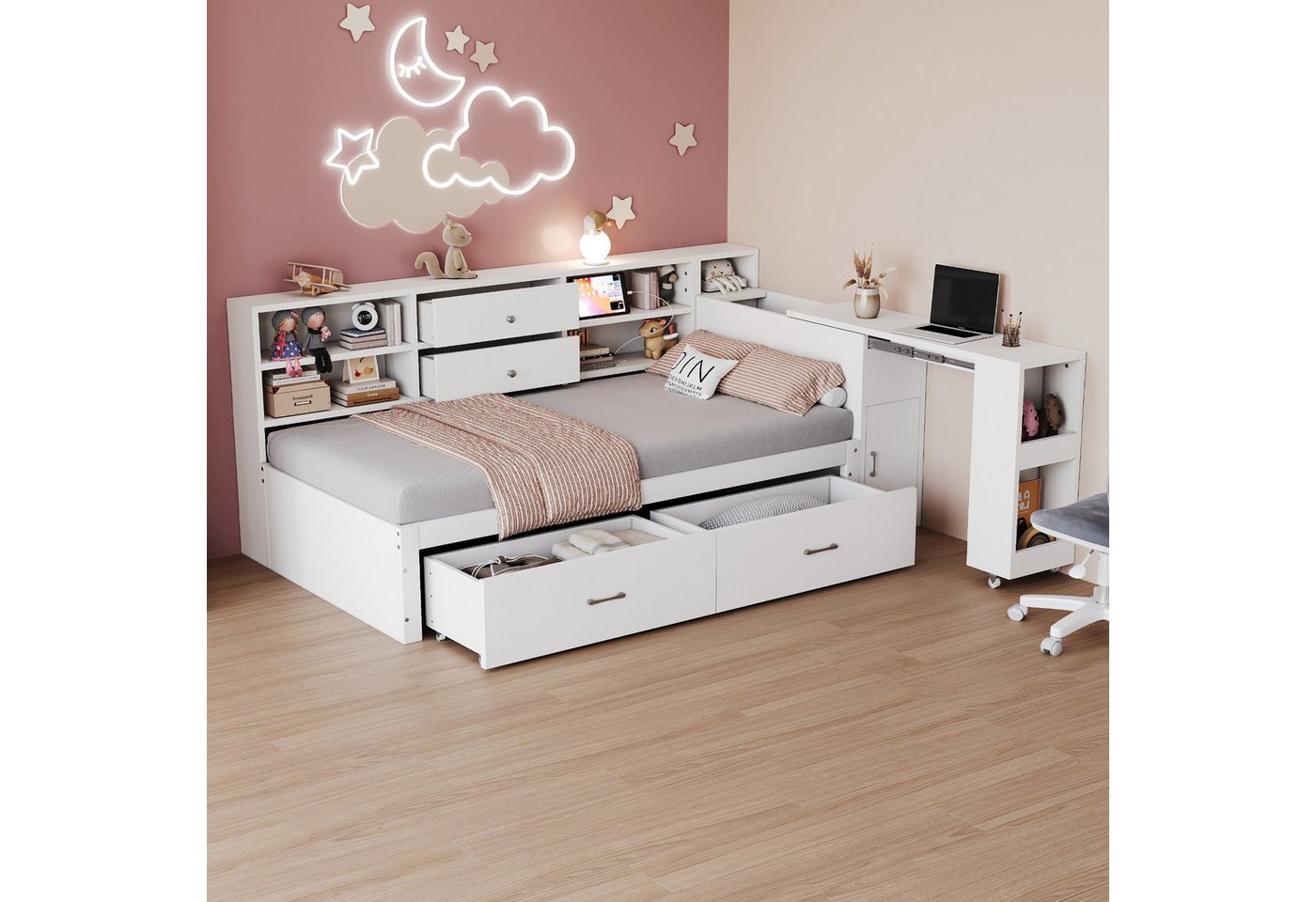 Merax Daybett mit USB-Ladeanschlüssen (Schlafsofa Sofabett Kinderbett Jugendbett aus Kiefernholz, 1 tlg), Tagesbett 90x200cm mit ausziehbarem Schreibtisch,Schubladen,Staufächer von Merax