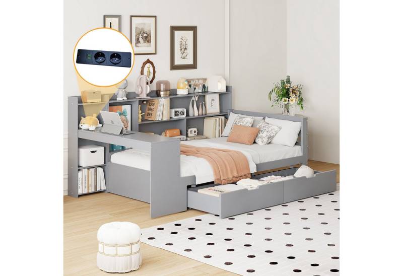 Merax Daybett mit USB-Ladeanschluss (Multifunktionales Schlafsofa Tagesbett aus Massivholz, 1 tlg), Kinderbett mit Ablagefächern, Schreibtisch und Regalen, 90x200cm von Merax