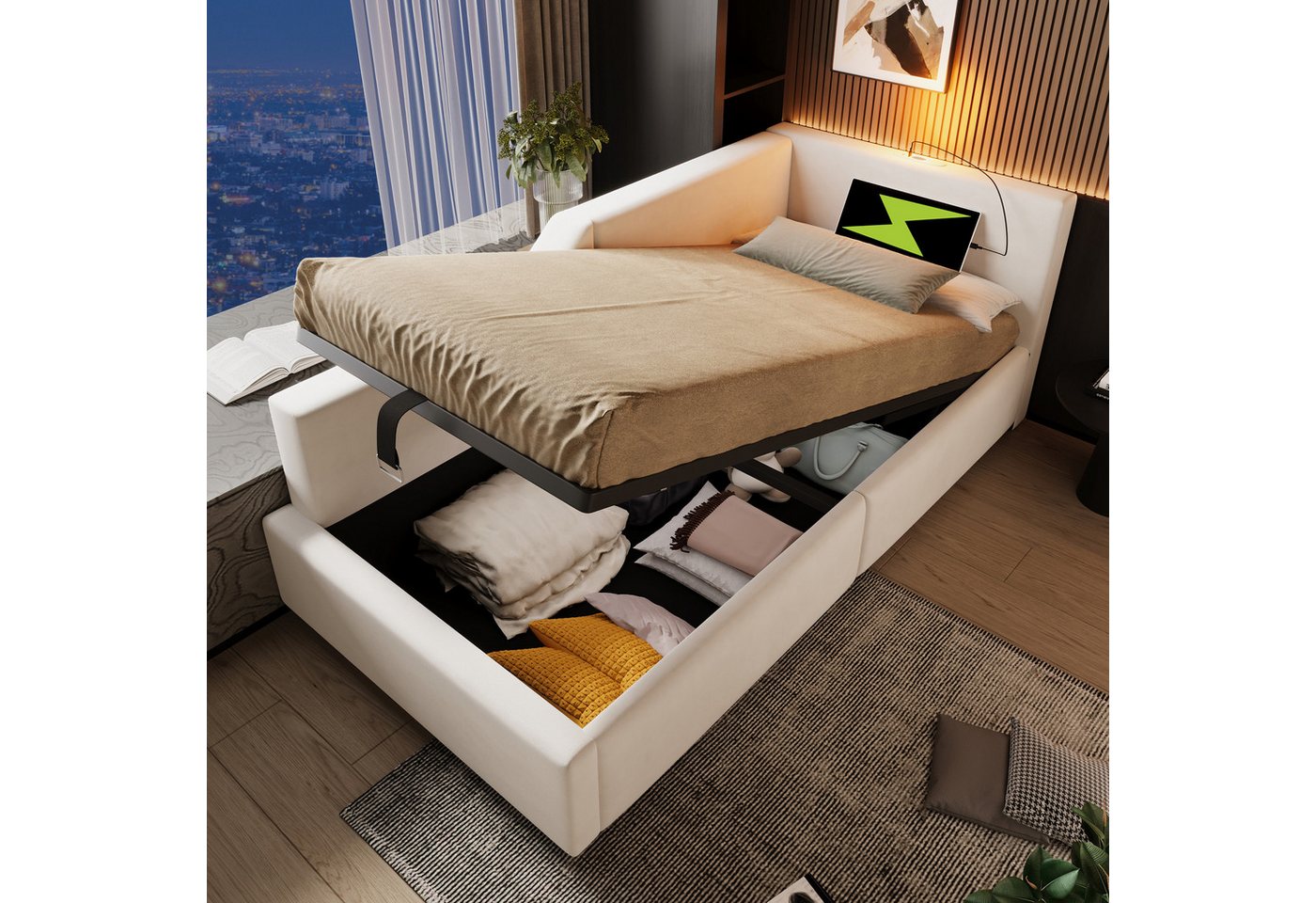 Merax Daybett mit hydraulischem Stauraum (Hydraulisches Schlafsofa Kinderbett Jugendbett Sofabett aus Samt, 1 tlg), Polsterbett Tagesbett 90x200cm mit USB-C Ladeanschluss & Leselampe von Merax