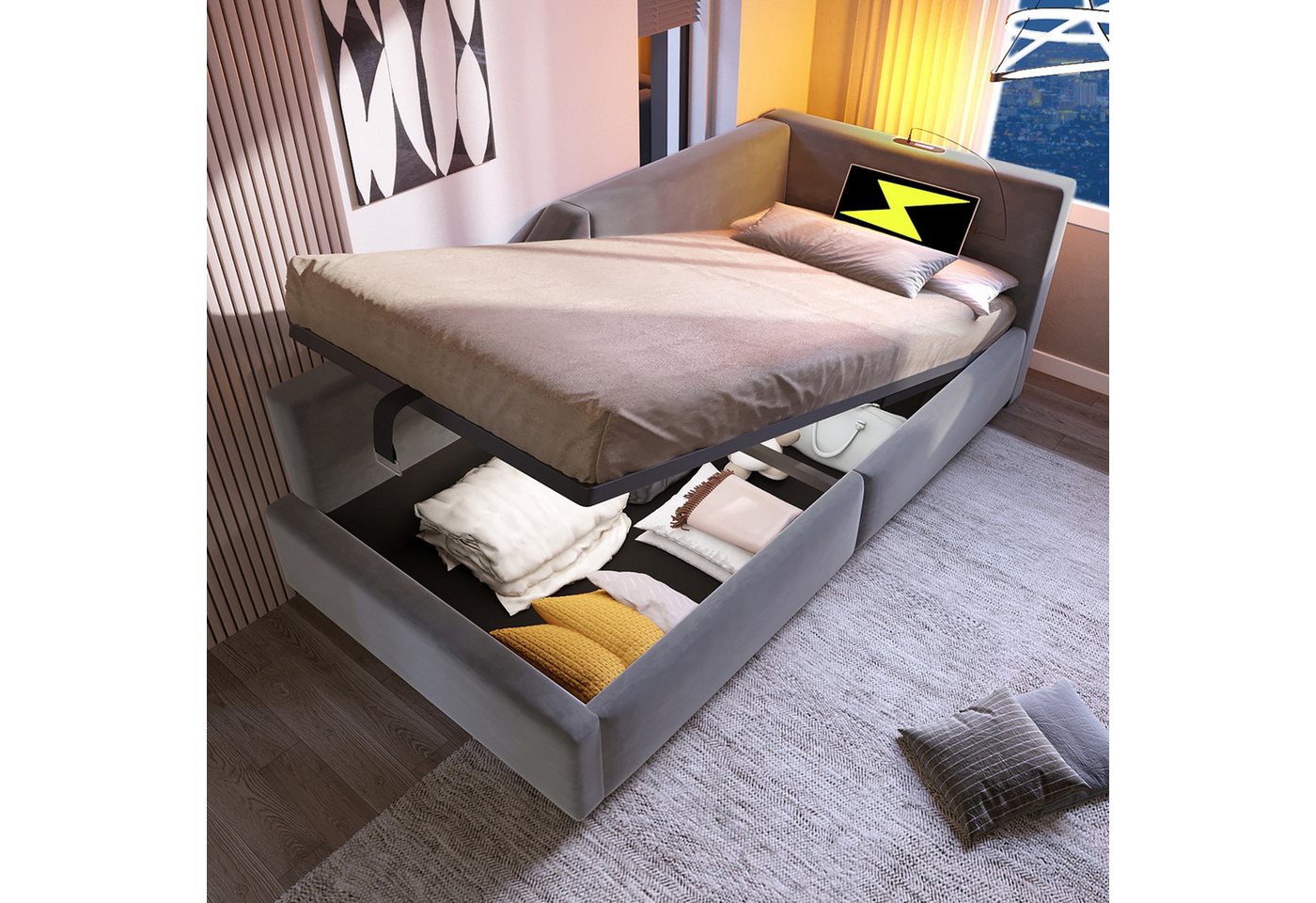 Merax Daybett mit hydraulischem Stauraum (Hydraulisches Schlafsofa Kinderbett Jugendbett Sofabett aus Samt, 1 tlg), Polsterbett Tagesbett 90x200cm mit USB-C Ladeanschluss & Leselampe von Merax