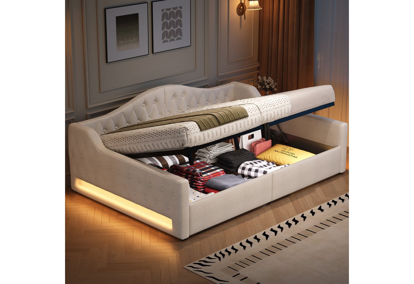 Merax Daybett mit hydraulischem Stauraum (Schlafsofa Sofabett Jugendbett Kinderbett Polsterbett, 1 tlg), Tagesbett 140x200cm mit LED-Beleuchtung Lattenrost Rückenlehne, Leinen von Merax