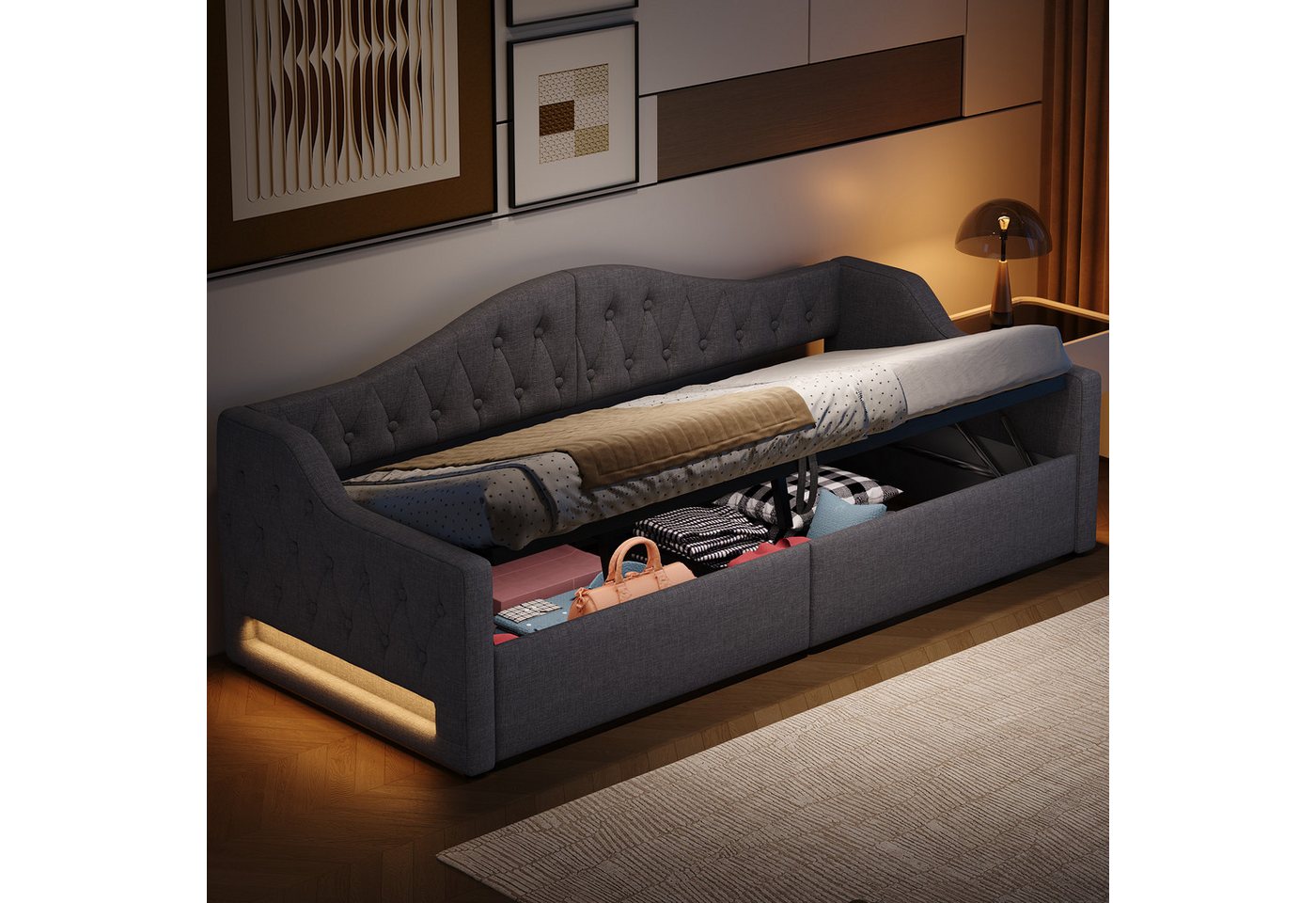 Merax Daybett mit hydraulischem Stauraum (Schlafsofa Sofabett Jugendbett Kinderbett Polsterbett, 1 tlg), Tagesbett 140x200cm mit LED-Beleuchtung Lattenrost Rückenlehne, Leinen von Merax