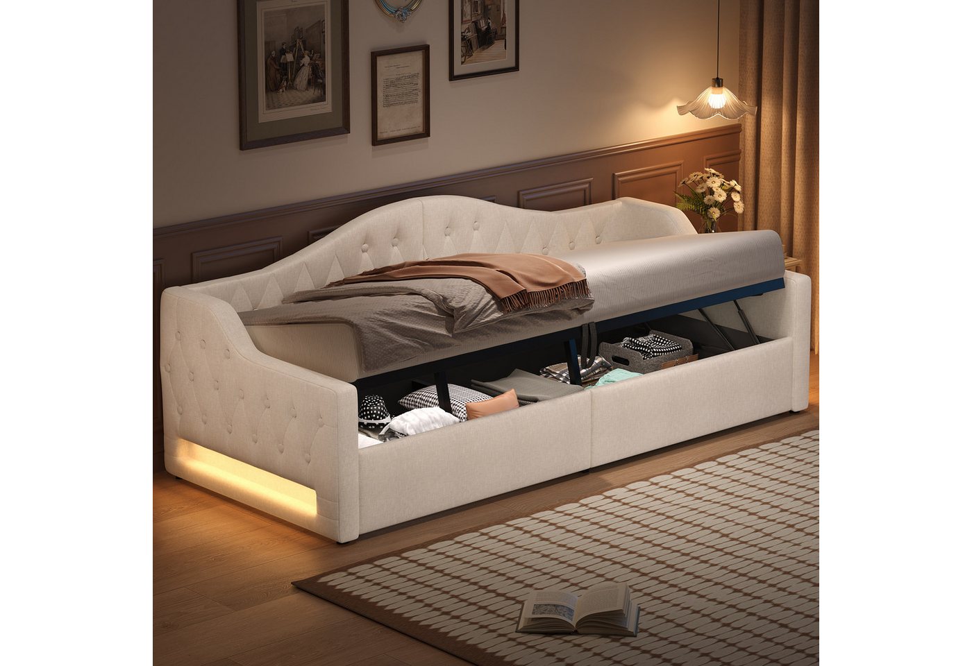 Merax Daybett mit hydraulischem Stauraum (Schlafsofa Sofabett Jugendbett Kinderbett Polsterbett, 1 tlg), Tagesbett 90x200cm mit LED-Beleuchtung Lattenrost Rückenlehne, Leinen von Merax