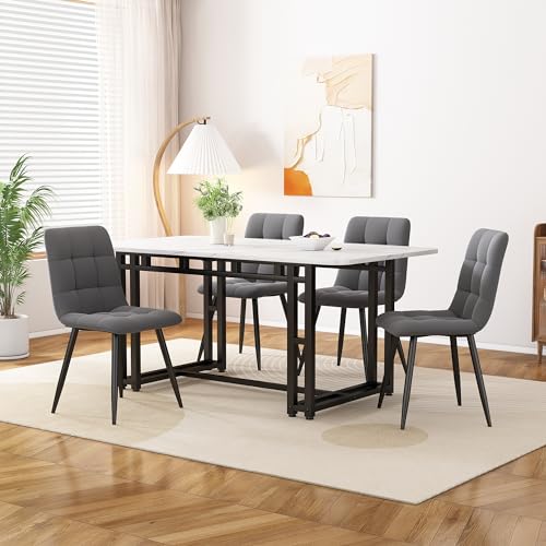 Merax Dining Table Set 4 Chairs Essgruppe Schwarz Esstisch mit 4 Stühlen Set,Moderne Küche Esstisch Set, Dunkelgrau Samt Esszimmerstühle, Schwarz Eisen Beintisch von Merax