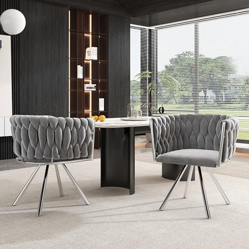 Merax Drehstuhl 2er Set, Moderne Armlehnstuhl aus Samt, Esszimmerstuhl Drehbar mit Metallbeinen, für Esszimmer, Wohnzimmer, Schlafzimmer, Grau und Silber von Merax