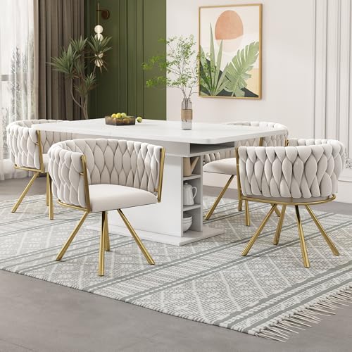 Merax Drehstuhl 4er Set, Moderne Armlehnstuhl aus Samt, Esszimmerstuhl Drehbar mit Metallbeinen, für Esszimmer, Wohnzimmer, Schlafzimmer, Beige und Gold von Merax