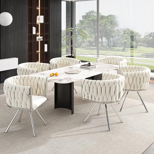 Merax Drehstuhl 6er Set, Moderne Armlehnstuhl aus Samt, Esszimmerstuhl Drehbar mit Metallbeinen, für Esszimmer, Wohnzimmer, Schlafzimmer, Beige und Silber von Merax