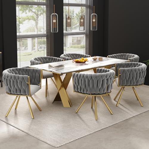 Merax Drehstuhl 6er Set, Moderne Armlehnstuhl aus Samt, Esszimmerstuhl Drehbar mit Metallbeinen, für Esszimmer, Wohnzimmer, Schlafzimmer, Grau und Gold von Merax