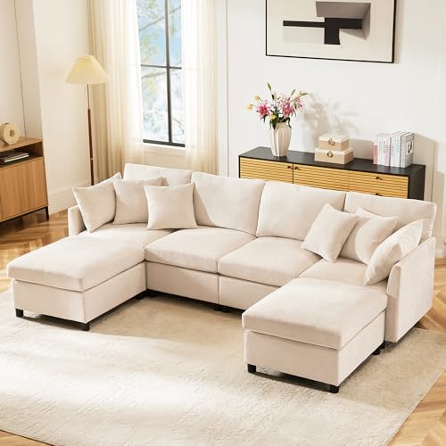 Merax Ecksofa (L/U-Form) Modulares 4-Sitzer Sofa mit umwandelbarem Fußhocker, Chenille-Stoff, Premium Komfort, Raumsparend & Wandelbar, Beige von Merax