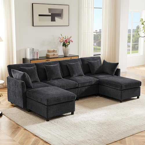 Merax Ecksofa (L/U-Form) Modulares 4-Sitzer Sofa mit umwandelbarem Fußhocker, Chenille-Stoff, Premium Komfort, Raumsparend & Wandelbar, Grau von Merax