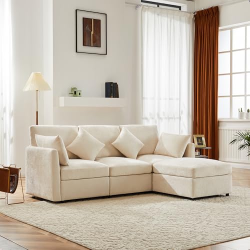 Merax Ecksofa L-Form Modulares 3-Sitzer Sofa mit umwandelbarem Fußhocker, Chenille-Stoff, Premium Komfort, Raumsparend & Wandelbar,Beige von Merax
