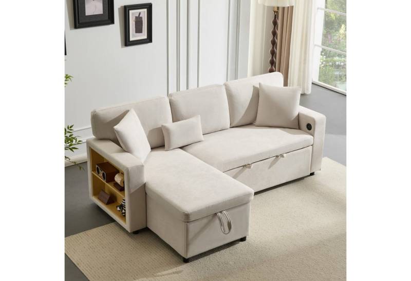 Merax Ecksofa L-Form Sofa, Loungesessel mit Schlaffunktion, Bettkasten, integriertem Regal & USB von Merax