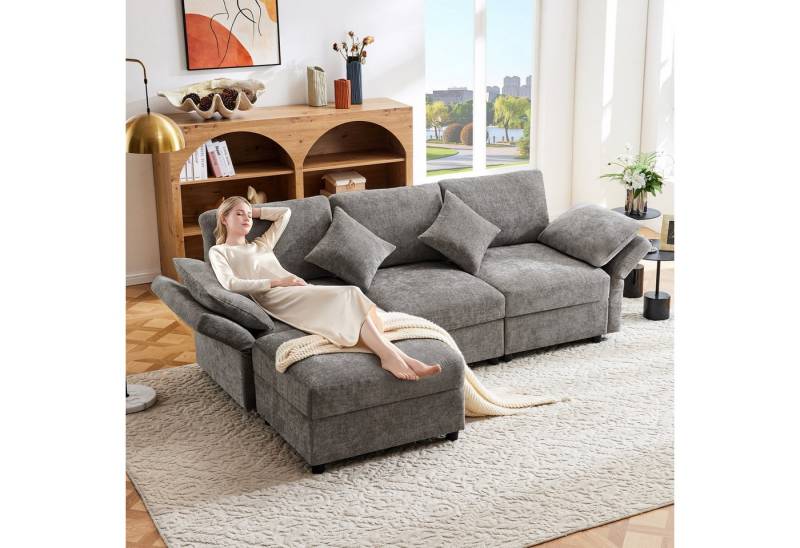 Merax Ecksofa L-förmig Sofa mit Fußhocker, Chenille-Stoff, 1 Teile, 3-Sitzer Schlafsofa mit verstellbaren Armlehnen, Kissen,218x156.5x86cm von Merax