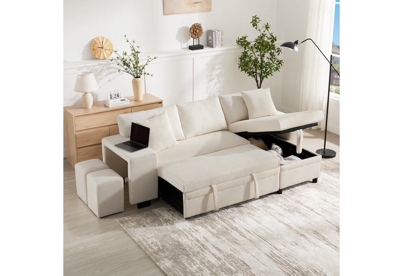 Merax Ecksofa L-förmiges Sofa Schlafsofa mit Schlaffunktion, umbaubares Ecksofa mit Ladeanschluss Stauraum Bücherregal Kissen von Merax