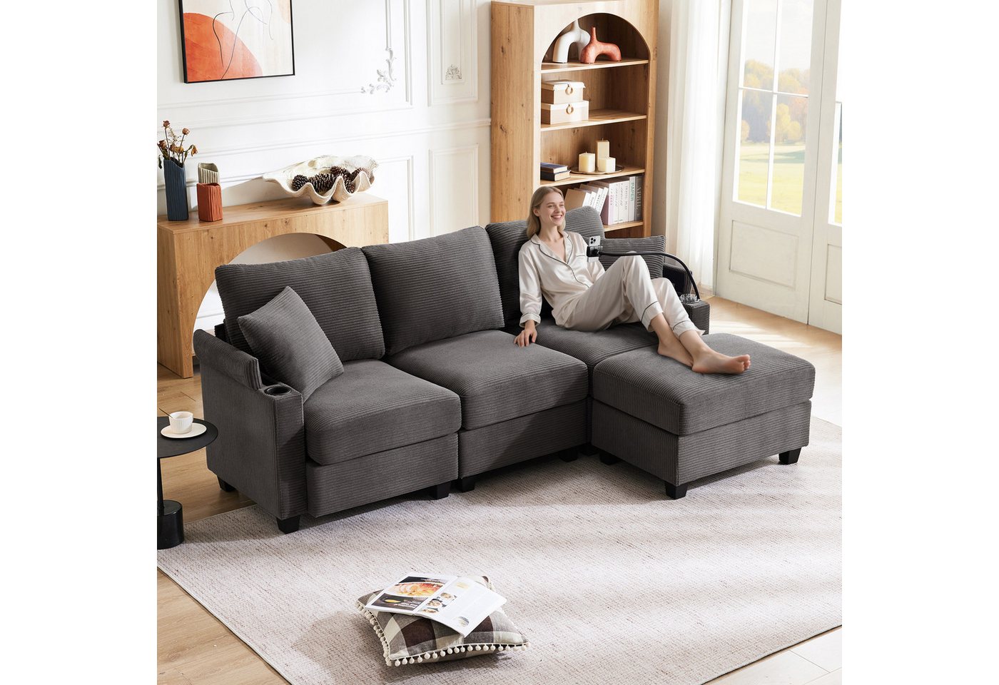 Merax Ecksofa L-förmiges modulares Sofa mit Schlaffunktion, USB und Type C, mit 2 Kissen, geeignet für Wohnzimmer/Büro/Wohnung 1 Teile, L-Form 3-Sitzer-Sofa mit Fußhocker, Getränkehalter & Armlehnenablage Merax Ecksofa L-förmiges modulares Sofa mit Schlaffunktion, USB und Type C, mit 2 Kissen, geeignet für Wohnzimmer/Büro/Wohnung 1 Teile, L-Form 3-Sitzer-Sofa mit Fußhocker, Getränkehalter & Armlehnenablage von Merax