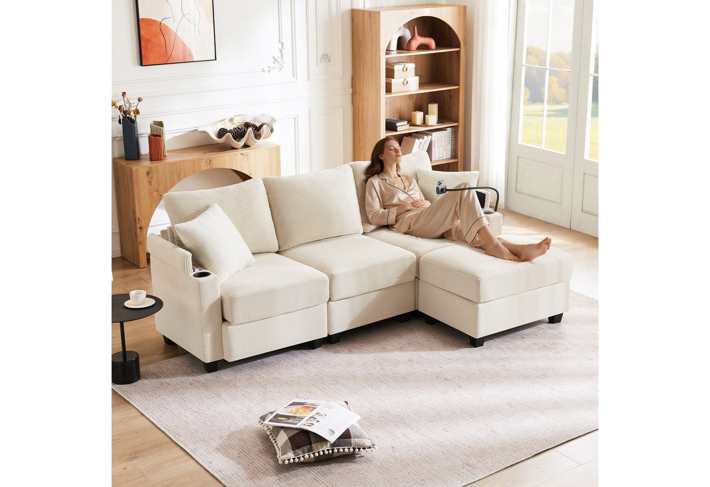 Merax Ecksofa L-förmiges modulares Sofa mit Schlaffunktion, USB und Type C, mit 2 Kissen, geeignet für Wohnzimmer/Büro/Wohnung 1 Teile, L-Form 3-Sitzer-Sofa mit Fußhocker, Getränkehalter & Armlehnenablage Merax Ecksofa L-förmiges modulares Sofa mit Schlaffunktion, USB und Type C, mit 2 Kissen, geeignet für Wohnzimmer/Büro/Wohnung 1 Teile, L-Form 3-Sitzer-Sofa mit Fußhocker, Getränkehalter & Armlehnenablage von Merax