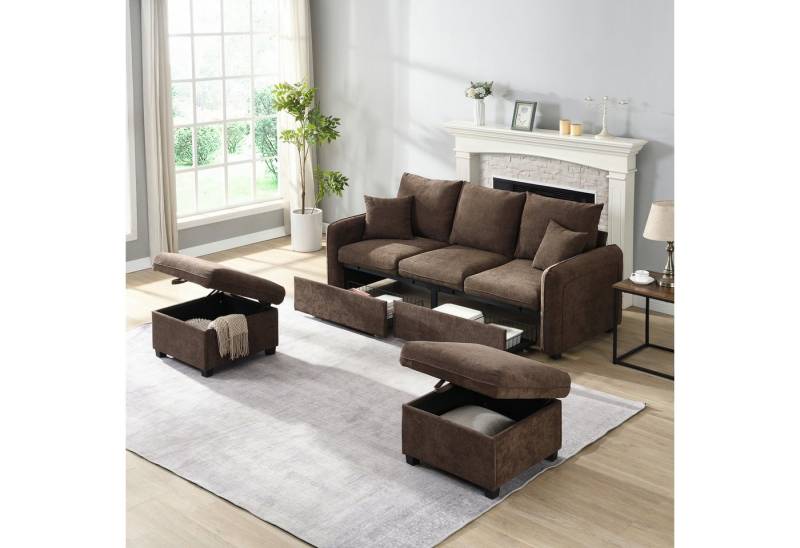 Merax Ecksofa U-förmiges Schlafsofa mit Staufunktion, Tagesbett Sofa Wohnzimmersofa aus Chenille-Bezug 1 Teile, 3-Sitzer-Ecksofa mit 2 Schubladen & 2 Hocker mit Stauraum, Polstersofa von Merax
