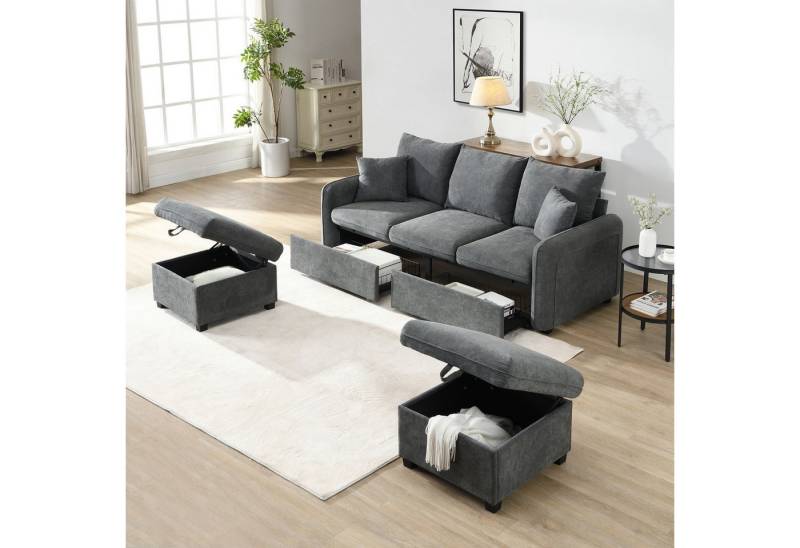 Merax Ecksofa U-förmiges Schlafsofa mit Staufunktion, Tagesbett Sofa Wohnzimmersofa aus Chenille-Bezug 1 Teile, 3-Sitzer-Ecksofa mit 2 Schubladen & 2 Hocker mit Stauraum, Polstersofa von Merax