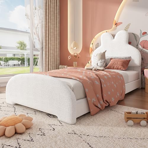 Merax Einzelbett Polsterbett 90x200cm, Kopfteil in Hasenohrenform, Vliesimitat in Weiß, Kinderbett im Cartoon-Stil, Stabil und sicher, Ohne Matratze Merax Einzelbett Polsterbett 90x200cm, Kopfteil in Hasenohrenform, Vliesimitat in Weiß, Kinderbett im Cartoon-Stil, Stabil und sicher, Ohne Matratze von Merax