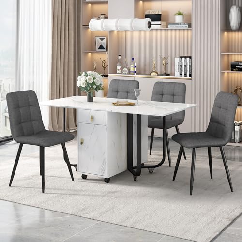 Merax Essgruppe Samt Esszimmerstühle, Polsterstuhl Design Stuhl mit Rückenlehne,MDF Tischplatte in Weißer,Schwarz Tischbeine von Merax