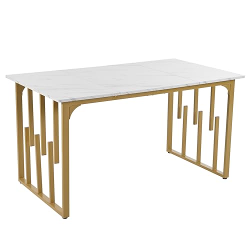 Merax Esstisch 140x80cm, 4-6 Personen Küchentisch Esszimmertisch mit Metallgestell, Stabiler Rechteckiger Esstisch, Tischplatte mit Moderner Marmormuster, für Esszimmer Wohnzimmer, Weiß+Golden von Merax