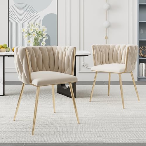 Merax Esszimmerstühle 2er Set, Moderner Sessel mit Armlehne und Gebogene Rückenlehne, handgewebtem Design, Samt Gold Beine Küchenstuhl, Kosmetikstuhl, für Wohnzimmer Schlafzimmer Büro, Beige von Merax