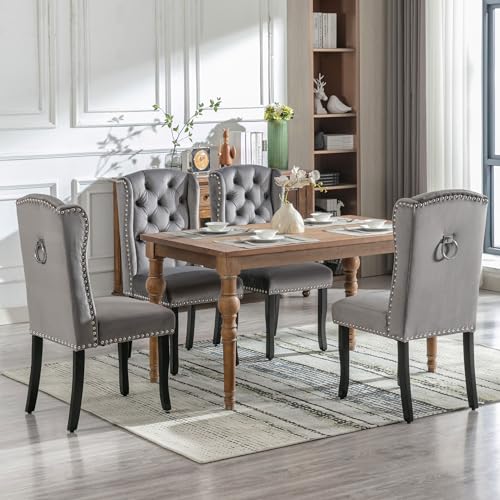 Merax Esszimmerstühle 4er-Set, Küchenstuhl, Polsterstuhl, Dining Chair,bequemer Stuhl aus Samt für Esszimmer Wohnzimmer, mit Eichenbeinen, Chromklopfer und Nagelkopfbesatz, Grau/Schwarz von Merax