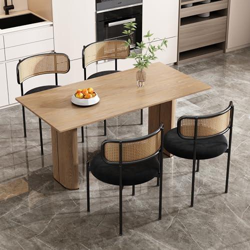 Merax Esszimmerstühle 4er Set, Moderner Küchenstühle mit Rattan Rückenlehne, Essstühle mit Vier Stützbeinen aus Metall, Samt, Schwarz von Merax