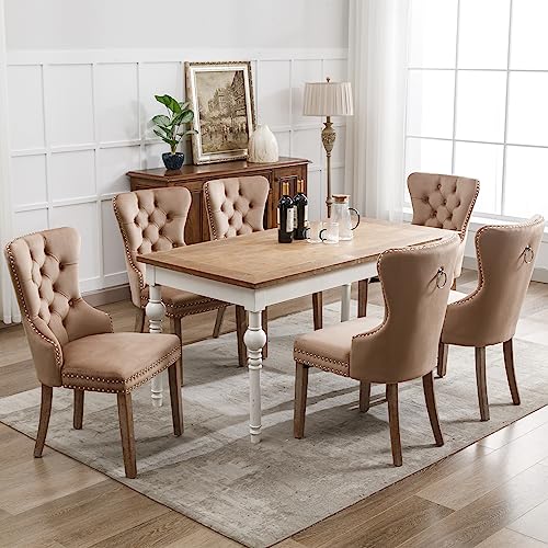 Merax Esszimmerstühle 6er-Set, Küchenstuhl, Polsterstuhl, Dining Chair, Moderne Stuhl aus Samt, Gestell aus Massivholz, Armlehnenstuhl für Esszimmer Wohnzimmer, mit Samtbezug, Kaffee Hell von Merax