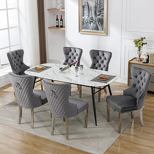 Merax Esszimmerstühle 6er-Set, Küchenstuhl Wohnzimmerstuhl Polsterstuhl Esstisch Stühle, Stützbeine aus Metall, mit einzigartigem Türklopfer auf der Rückseite, mit Samtbezug, Grau von Merax