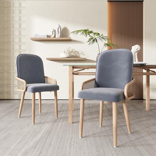 Merax Esszimmerstuhl 2er Set, Moderne Polsterstuhl mit hoher Rückenlehne, Wohnzimmerstuhl aus Samt, Rattan Stuhl mit Metallbeinen (Holzmaserungseffekt), für Wohnzimmer, Küche, Schlafzimmer, Grau von Merax