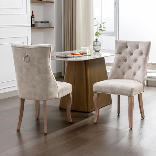 Merax Esszimmerstuhl 2er Set, Moderne Polsterstuhl mit hoher Rückenlehne, Wohnzimmerstuhl aus Samt, ergonomischer Stuhl, für Arbeitszimmer, Küche, Schlafzimmer, Gestell aus Massivholz, Hellbeige von Merax