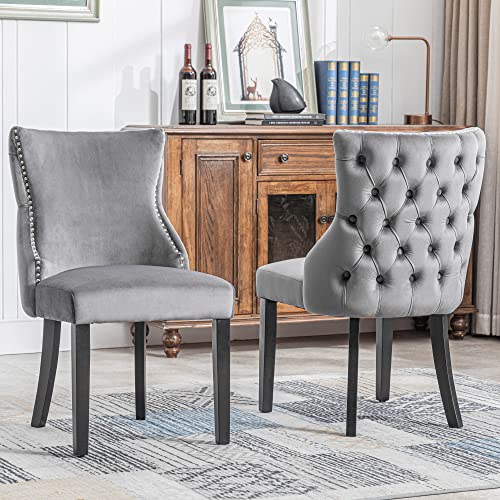 Merax Esszimmerstuhl 2er Set, Moderne Polsterstuhl mit hoher Rückenlehne, bequemer Wohnzimmerstuhl aus Samt, ergonomischer Stuhl, für Arbeitszimmer, Küche, Schlafzimmer, Gestell aus Massivholz, Grau von Merax