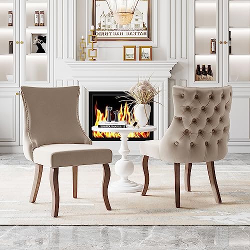 Merax Esszimmerstuhl 2er Set, Moderne Polsterstuhl mit hoher Rückenlehne, bequemer Wohnzimmerstuhl aus Samt, ergonomischer Stuhl, für Arbeitszimmer, Küche, Schlafzimmer, Gestell aus Massivholz, Beige von Merax