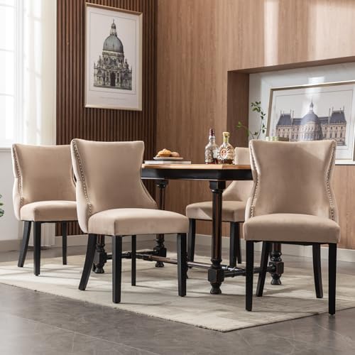 Merax Esszimmerstuhl Set 4er, Stuhl Beige Samt mit Knopfsteppung, Polsterstuhl mit Massivholzbeinen, Küchenstuhl Wohnzimmerstuhl, Eleganter Samtstuhl gepolstert, 4-Fußstuhl von Merax