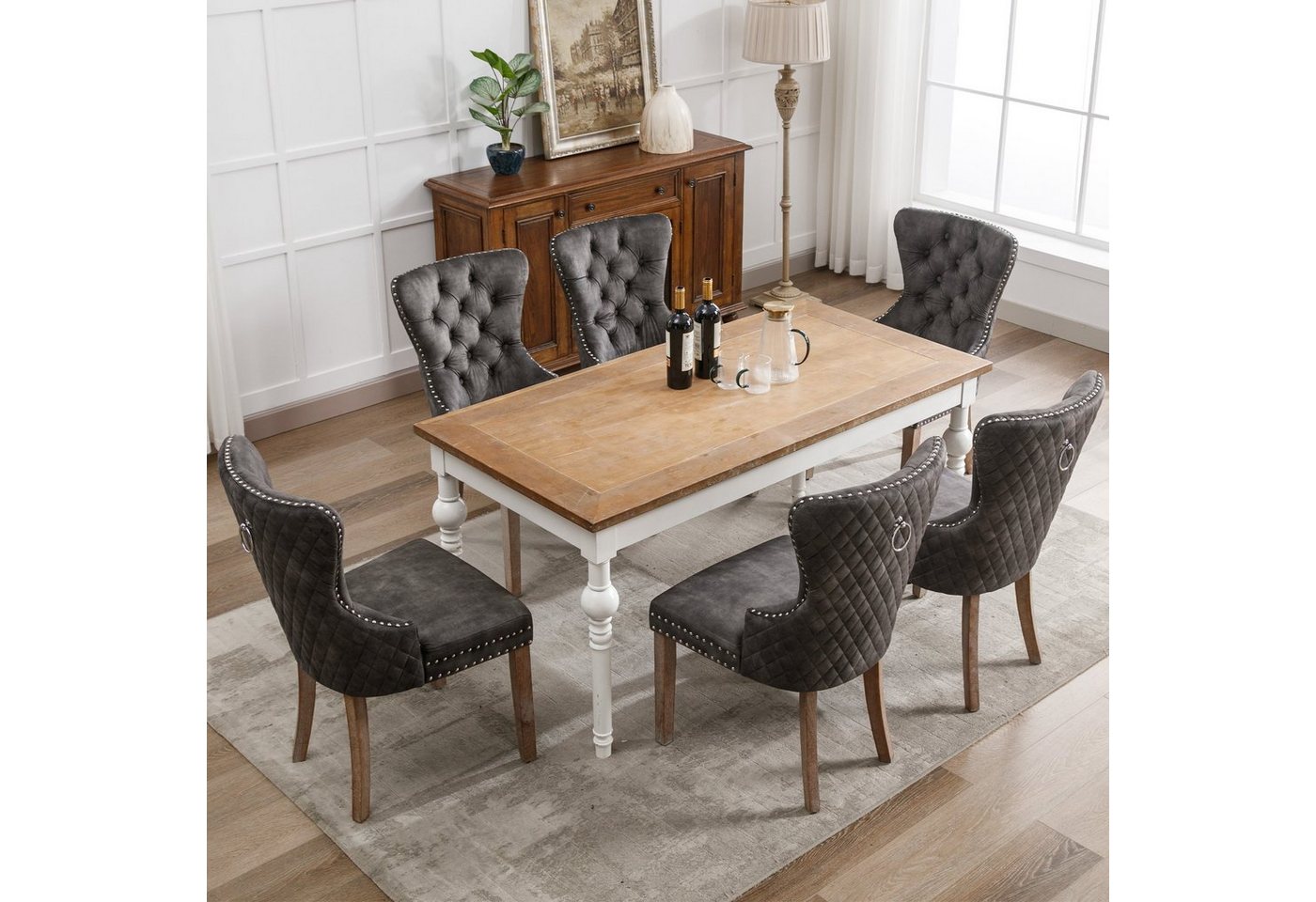 Merax Esszimmerstuhl mit Hoher Rücklehne, Gummiholzbeine (6 St), Polsterstuhl mit Metallgriff und Knopfheftung, Küchenstuhl aus Samt von Merax