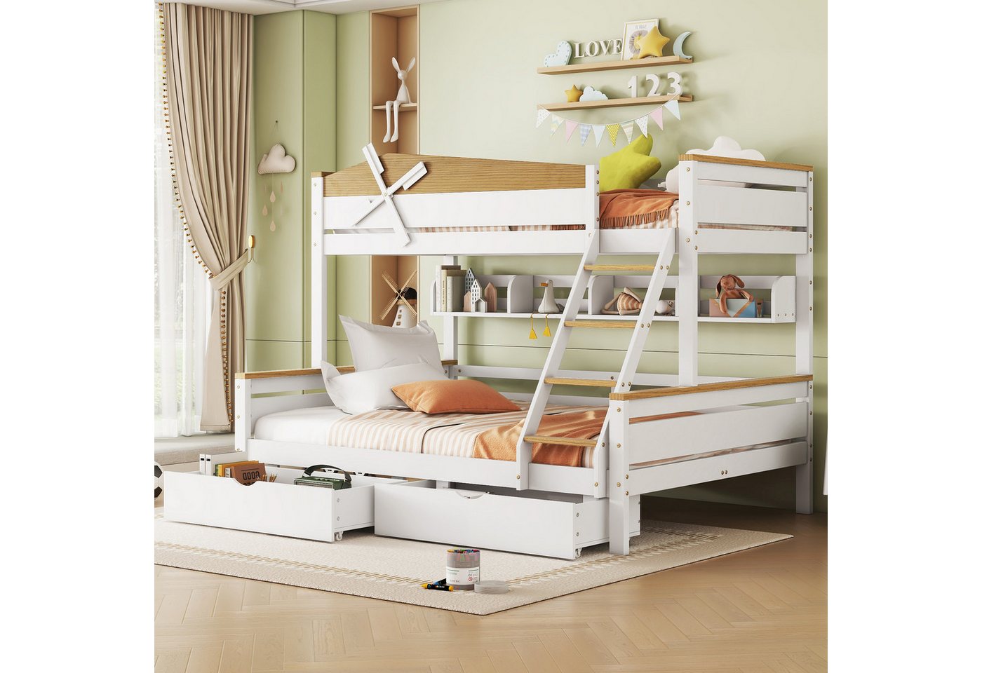 Merax Etagenbett, Kiefer Kinderbett mit Regalen, Schubladen und Leiter, 90x200/140x200cm Merax Etagenbett, Kiefer Kinderbett mit Regalen, Schubladen und Leiter, 90x200/140x200cm von Merax