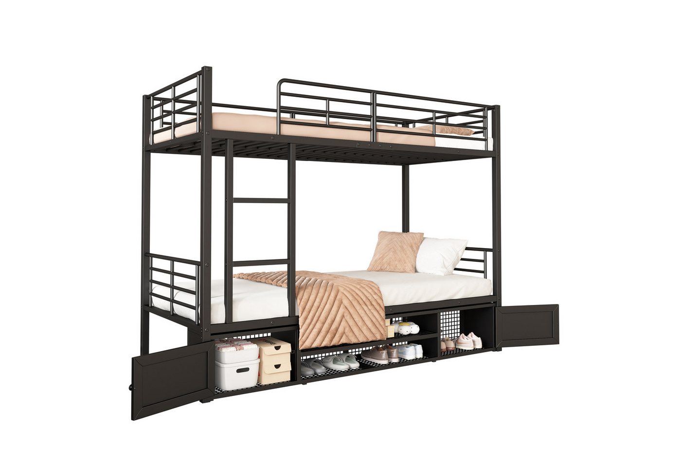 Merax Etagenbett, mit Stauraum und Leiter, Hochbett, Kinderbett, Eisenrahmen, Metallbett von Merax