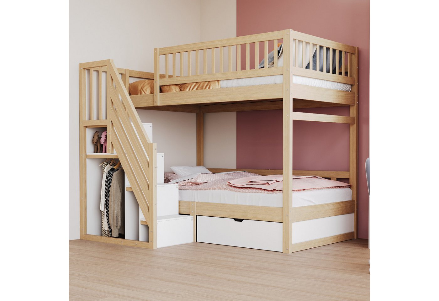 Merax Etagenbett (1-St., Hochbett Stockbett mit Sicherheitszaun), Massivholzbett Kinderbett 90x200cm mit Stauraumtreppe und Schublade von Merax