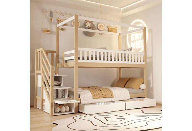 Merax Etagenbett (1-St., Kinderbett Jugendbett Stockbett mit Hausdesign), Kiefer Kinderbett 90x200cm mit 2 Schubladen & Aufbewahrungstreppe von Merax