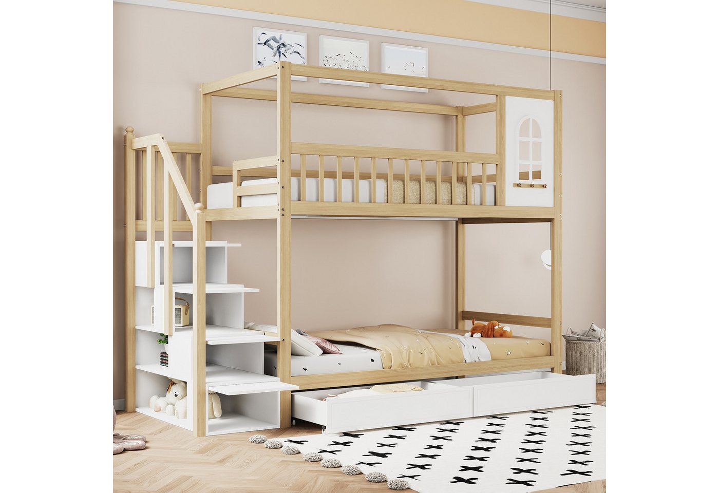 Merax Etagenbett (1-St., Massivholz Stockbett Hochbett Jugendbett Hausbett), Kinderbett 90x200cm Hausbett mit Schubladen Stauraumtreppe Fallschutz von Merax