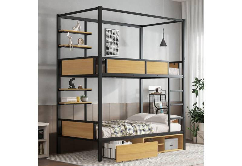 Merax Etagenbett (1-St., Stockbett Eisenbett Jugendbett), Metall Kinderbett 90x200cm mit Schubladen Ablagefläche Geländer Leiter von Merax
