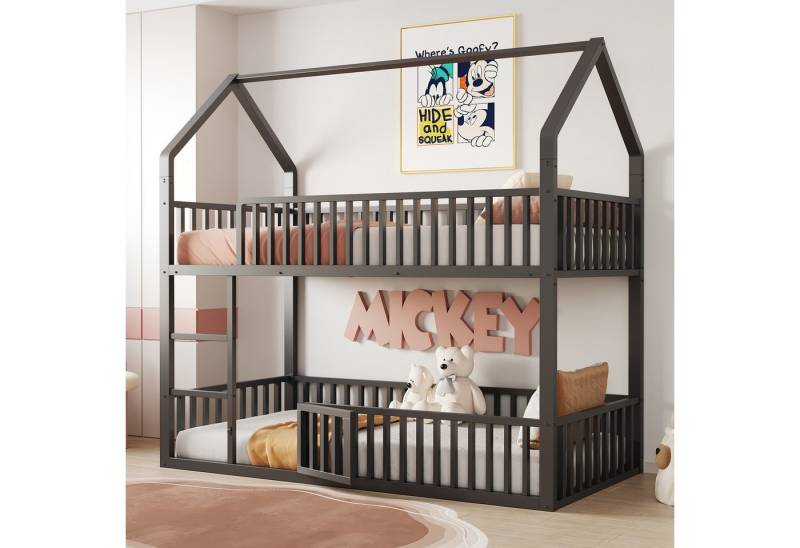 Merax Etagenbett (Jugendbett Kinderbett Stockbett, 1-St), Hohbett Metallbett 90x200cm mit Sicherheitsgeländer Leiter Tür & Dach von Merax