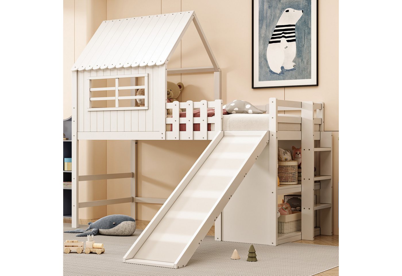 Merax Etagenbett (Massivholz, 1-St., Etagenbett Jugendbett Einzelbett Hausbett), Kinderbett 90x200cm mit Ablagefächer Rutsche Leiter Dach Fenster von Merax