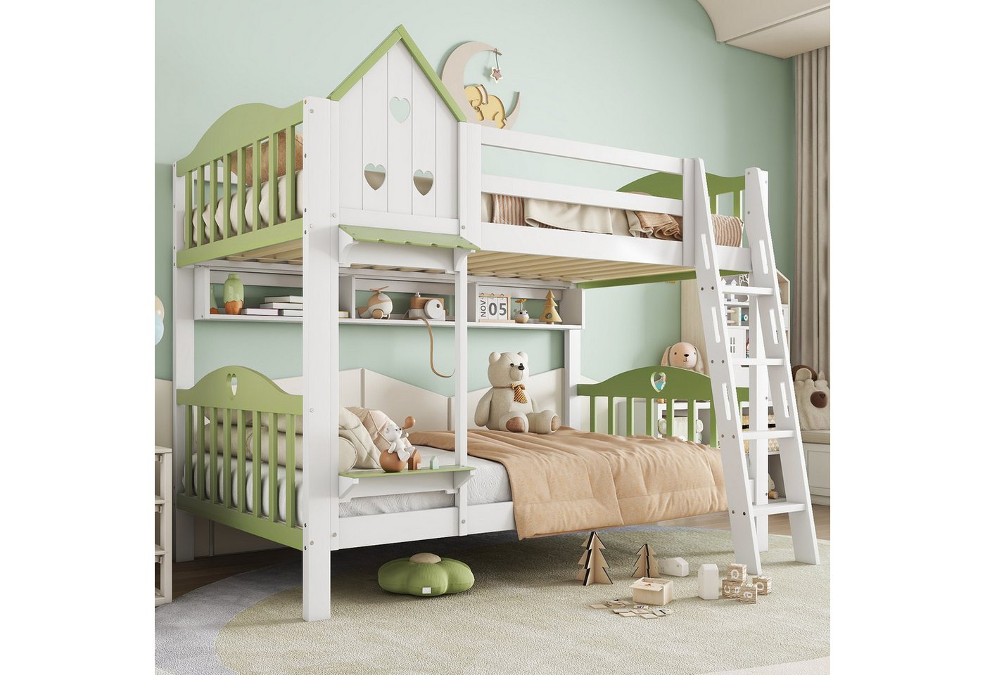 Merax Etagenbett (Stockbett mit Fallschutz, Gitter, Dach und Fenster, 1-St), Kiefer Kinderbett mit offenen Regalen & vierstufiger Leiter, 90x200cm von Merax
