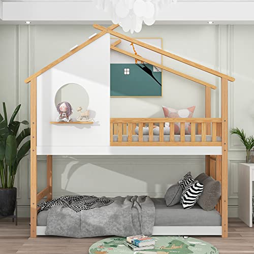 Merax Etagenbett 200x90cm, Kinderbett Hausbett mit Rausfallschutz und Leiter, Kinder Einzelbett mit Lattenrost, Holz Hochbett Baumhausbett für Mädchen & Jungen, Naturfarbener+Weiß von Merax