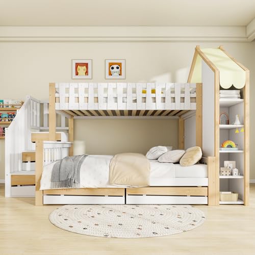 Merax Etagenbett 90x200+140x200 cm im Hausstil mit Stauraumleiter & Schubladen – Hochbett mit Geländer & Zaun, Jugendbett von Merax